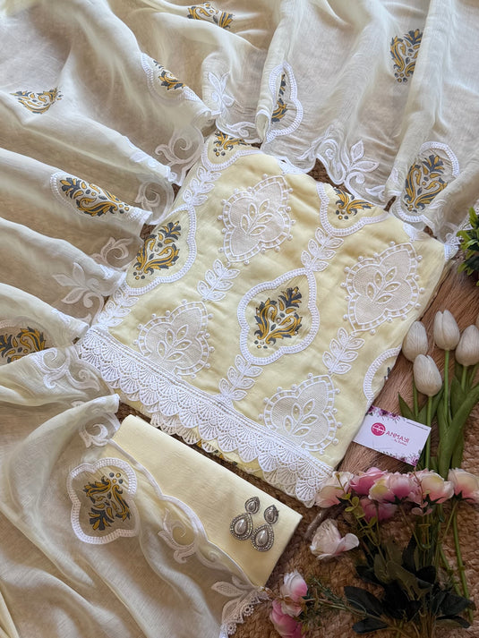 Embossed pearl work pastel Mul cotton suit set