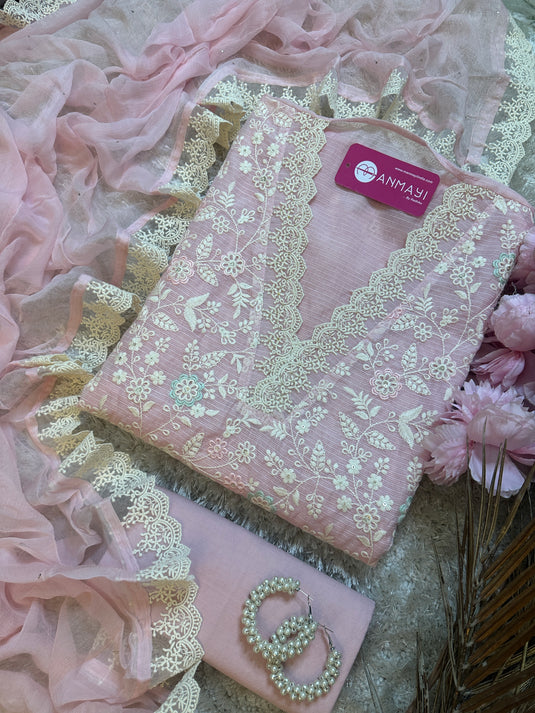 Kota Chikankari v neck suit with pure chiffon mukaish dupatta