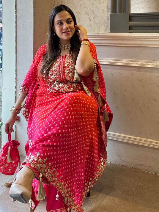 Bandhani ombré gotta work kaftan set with tassels