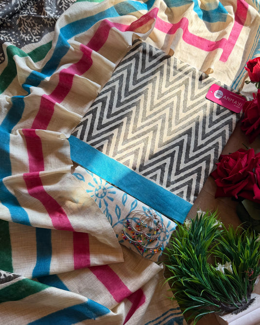 Zig zag patterned Khadi pashmina suit set with floral dupatta