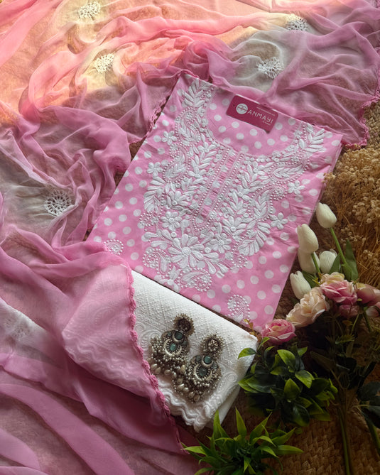Chikankari neck polka dots suit set with chiffon crochet dupatta