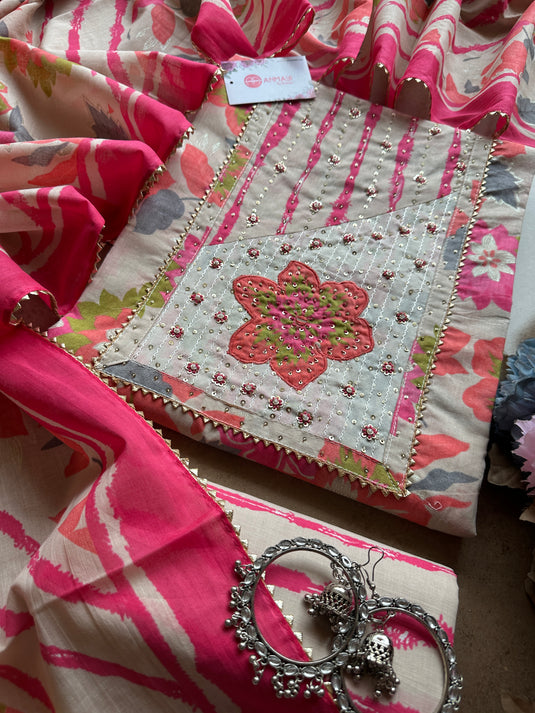 Embroidered yog neon pink pure cotton suit set