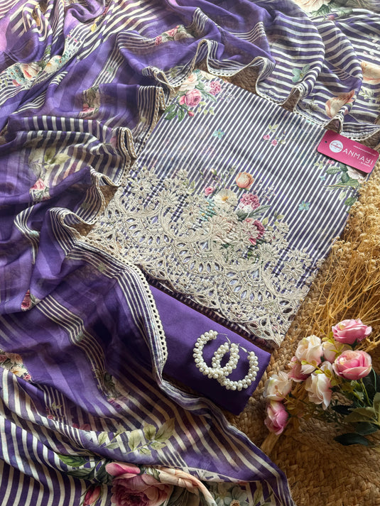 Digital floral stripes cotton suit set with muslin dupatta