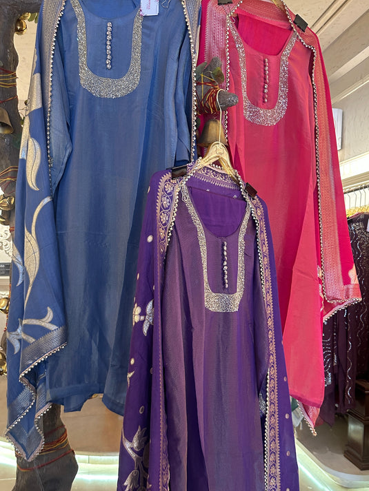 Shimmer lines cutwork u neck with potli buttons and jacquard dupatta