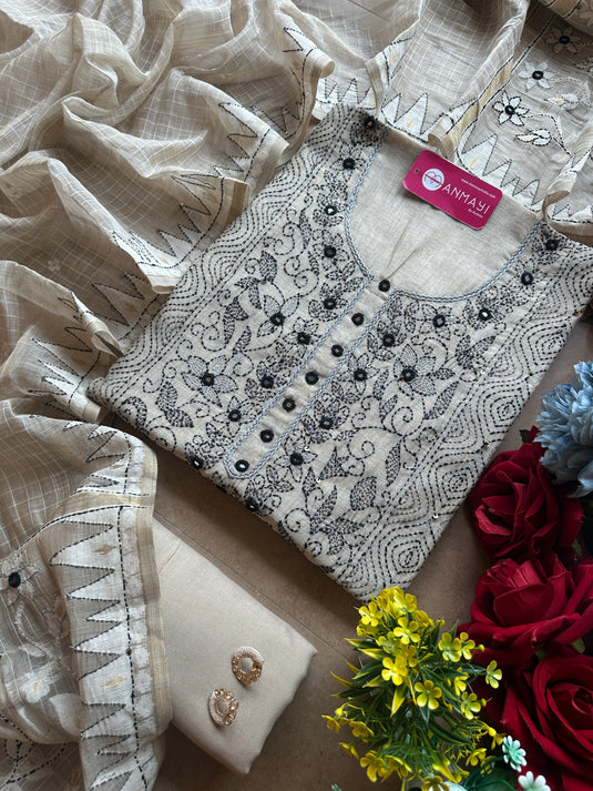Authentic Kantha work golden Jamdani suit set