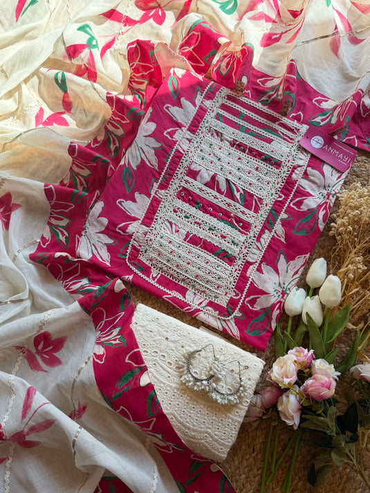 Cotton crochet pattern neck with handpaint dupatta