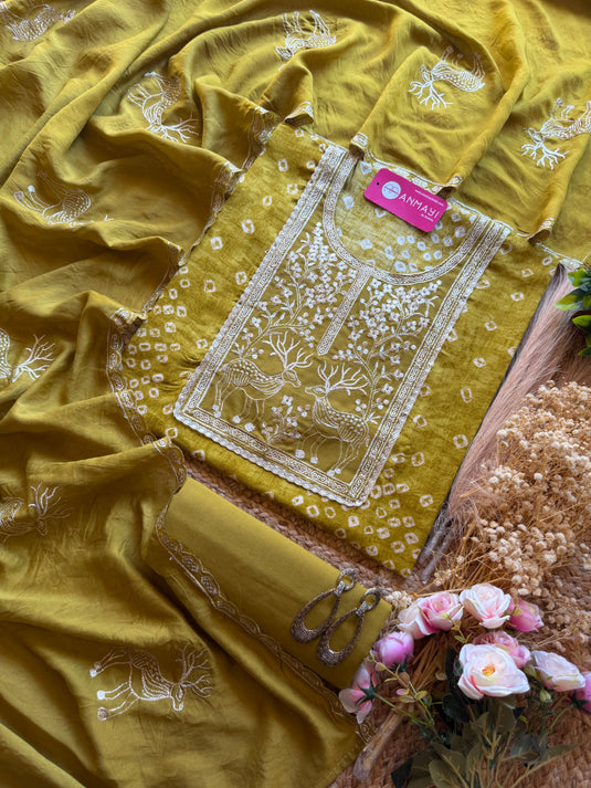 Gold Deer jaam cotton suit set with cotton silk dupatta