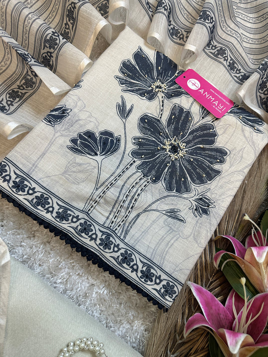 Pure linen beige black Kantha highlights suit