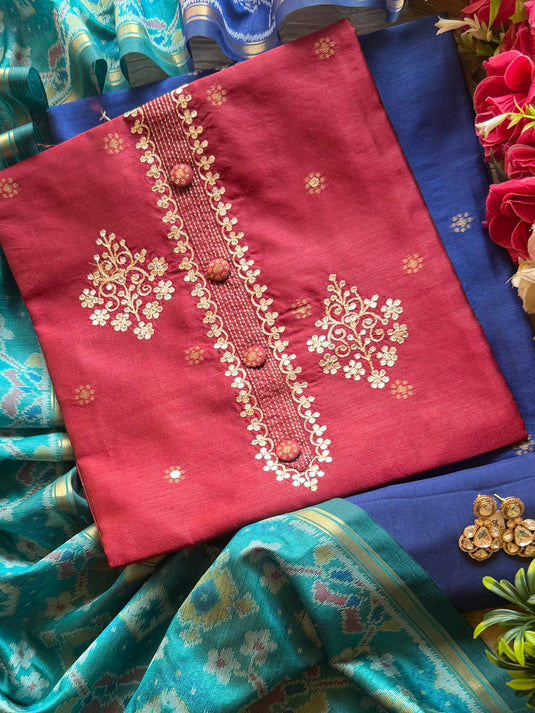 Tussar silk buttoned pita work suit set