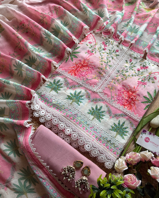 Palm scene patterned soft Mul cotton suit set with ombre effect