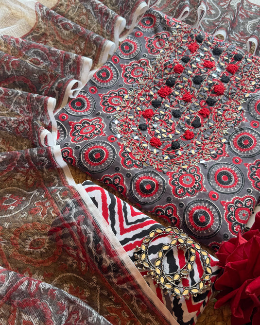 Ajrakh print pom pom neck pure cotton suit set with Kota block dupatta