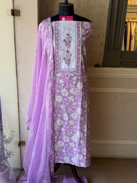 Chickan neck block print cotton suit with soft Kota dupatta