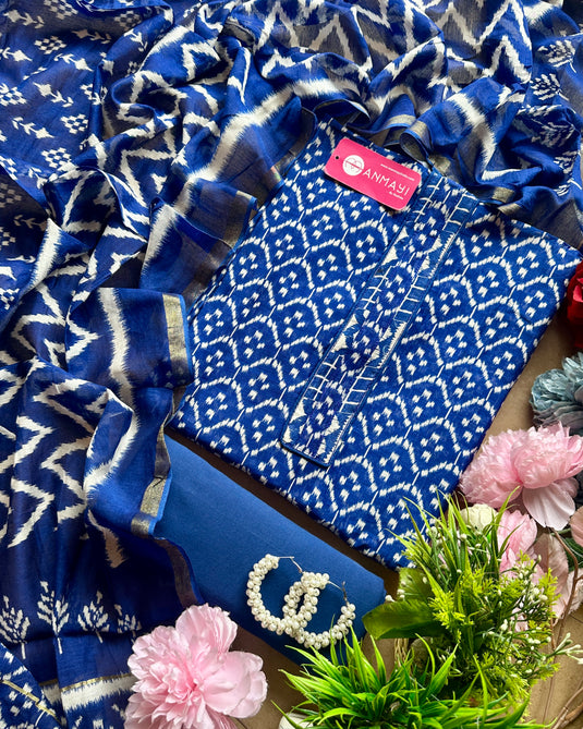 Abstract printed Maheshwari cotton suit set