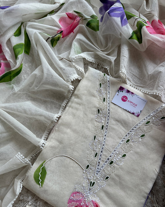 Ivory handpaint Mul Chanderi suit set with pearl details