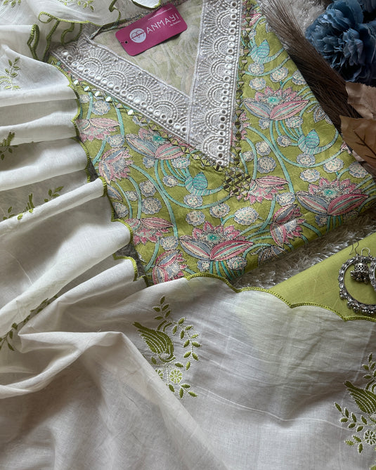Digital print cambric cotton suit with crochet mirror v neck and embroidered cotton dupatta