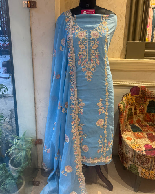 Festive coloured Dori work Mul Chanderi suit set