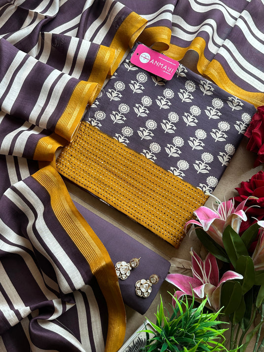 Pure Modals block print suit set with stripes dupatta and cotton bottom