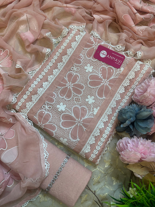Pastel organza crochet detail suit set with handpaint dupatta