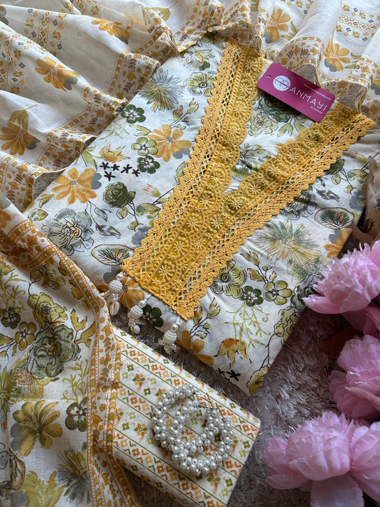 Crochet lace pure cotton cream base floral suit set with tassels