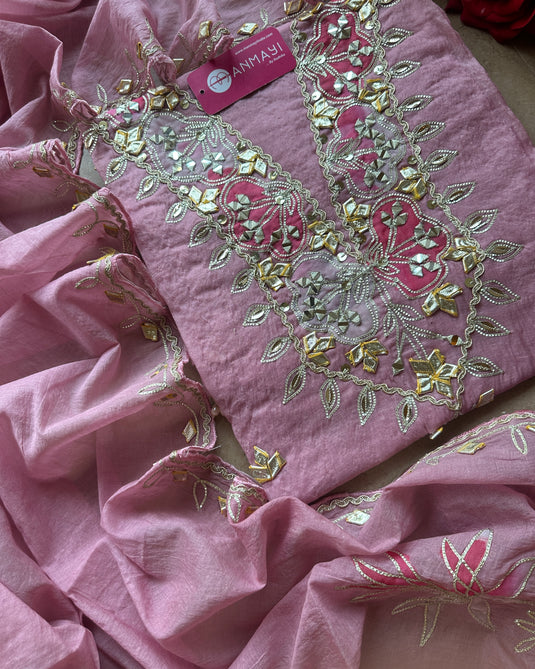 Gotta embroidered neck pure mul chanderi suit set