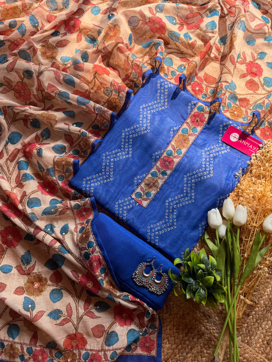 Soft Chanderi Bandhani print suit set with kantha highlight dupatta