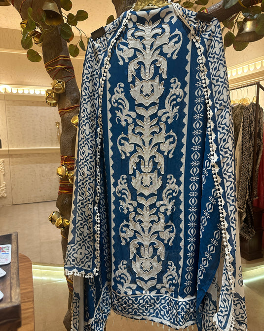 Pure muslin panel print suit with pearl details