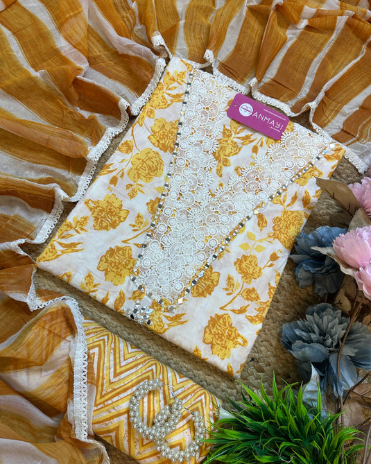 Crochet mirror v neck printed floral suit with chiffon dupatta