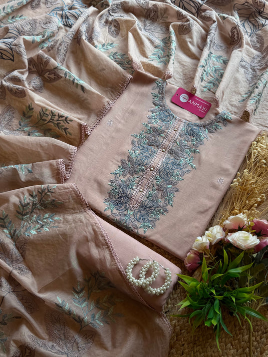 Embroidered jaal dupatta Mul Chanderi suit set