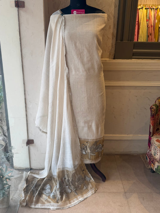 Swan embroidered Jamdani cotton silk suit set