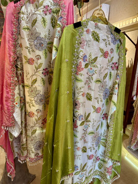 Printed highlighted shimmer silk suit sets with pearl tassels and combination dupatta
