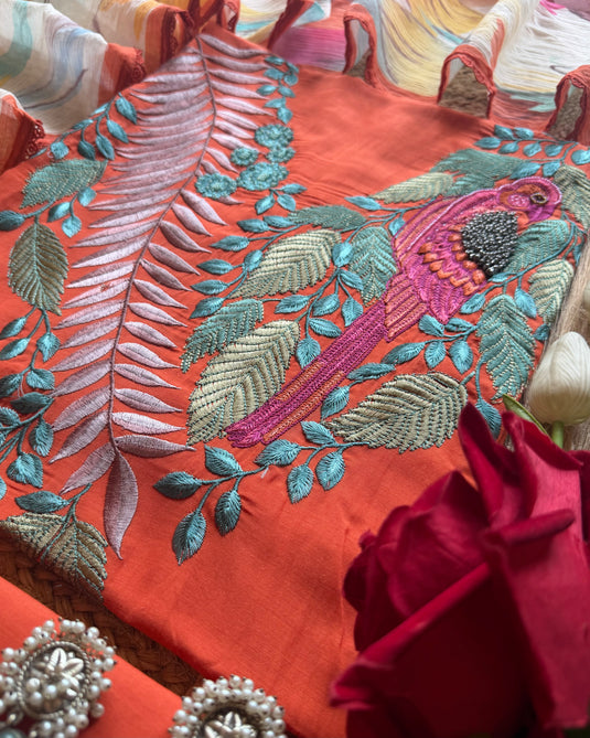 Embroidered Mul cotton suit with digital patterned georgette dupatta