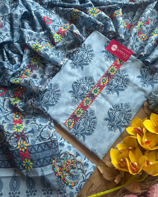 Indigo block print pure cotton suit with Kutch work dupatta