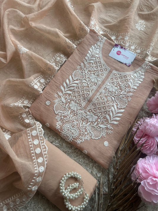 Mul Chanderi Chikankari pearl neck suit set