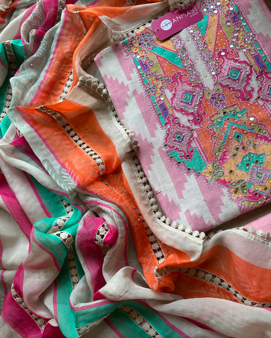 Boho neck Ikkat print pure linen muslin suit set