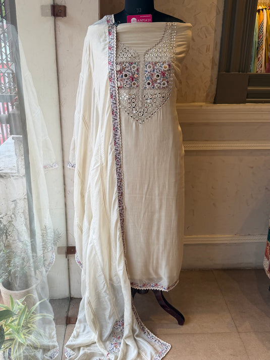 Patched mirror neck ivory muslin suit set
