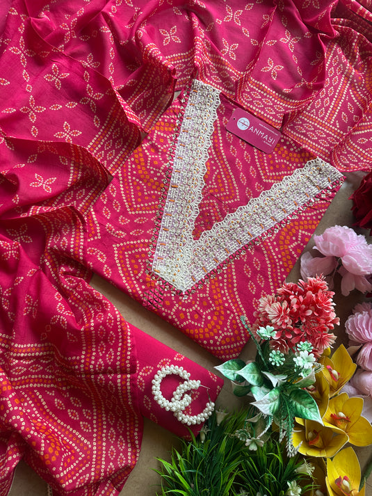 Pure cotton Bandhani v neck suit set