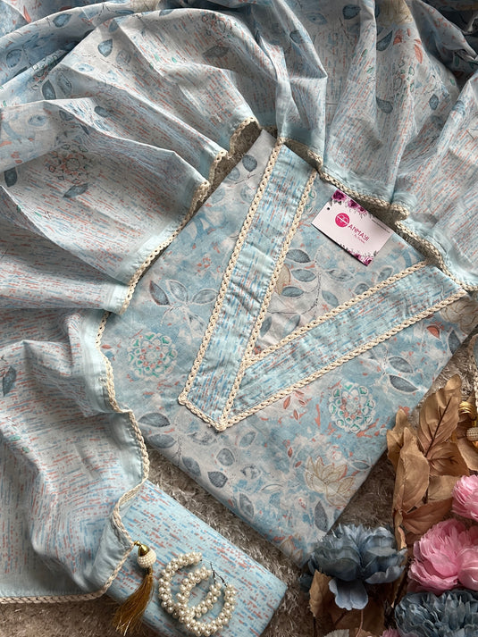 Cambric pastel printed v neck suit set with cotton dupatta