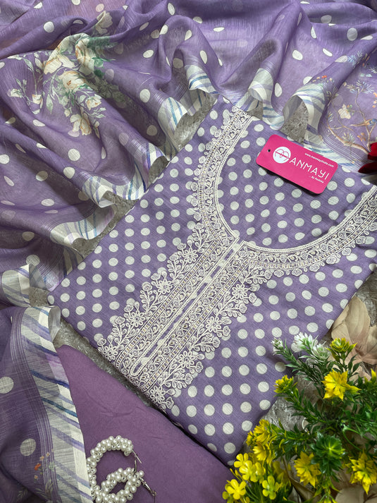 Soft linen cotton polka dots suits with digital dupattas