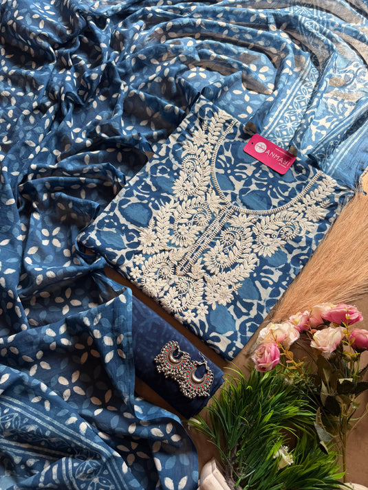Chikankari neck Indigo printed fine Cambric cotton suit set
