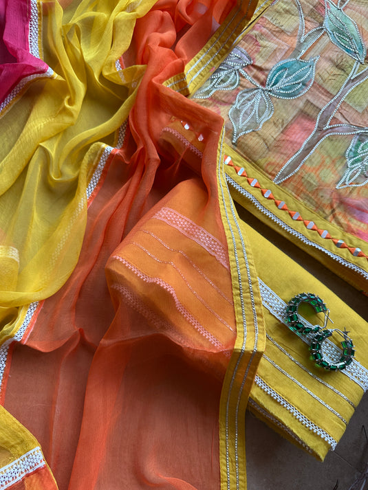 Painted gotta work cotton suit with pure chiffon tri colour dupatta