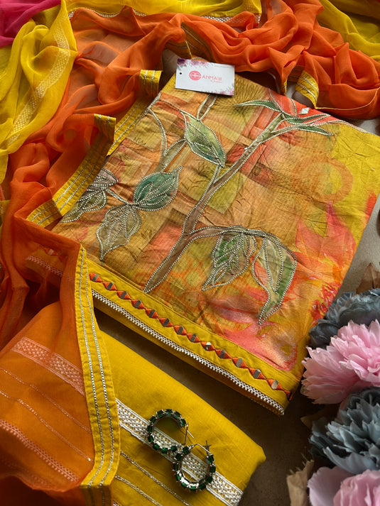 Painted gotta work cotton suit with pure chiffon tri colour dupatta