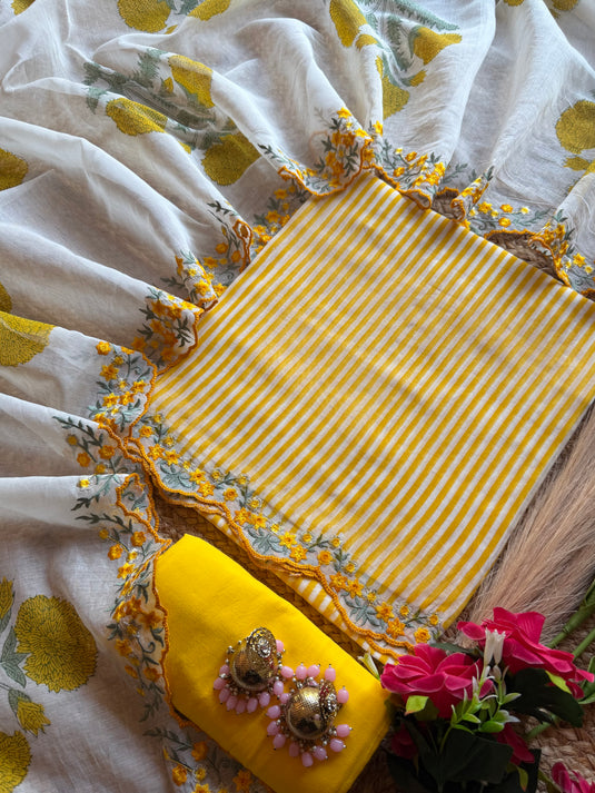 Stripes fine Chanderi cutwork embroidered block dupatta suit set