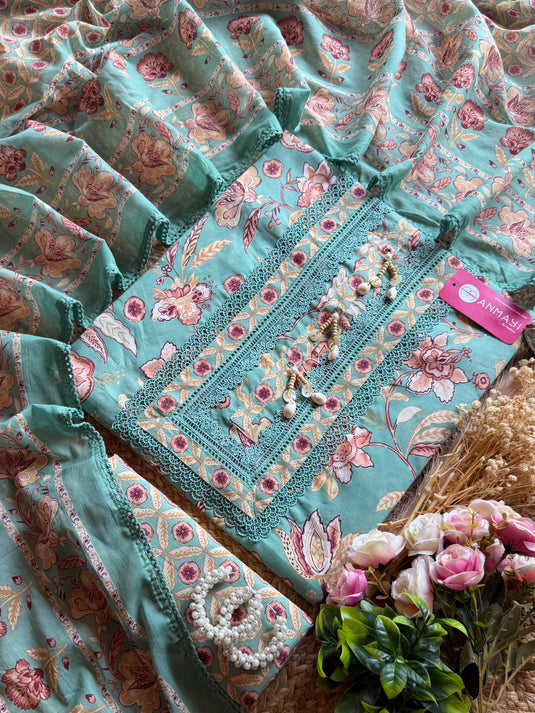 Shell neck printed pure cotton suit set