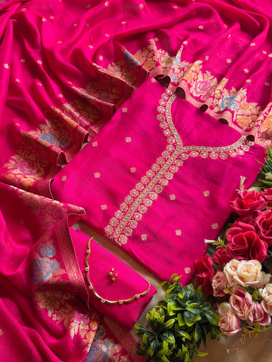 Handloom silk gold coloured flower patterns suit set