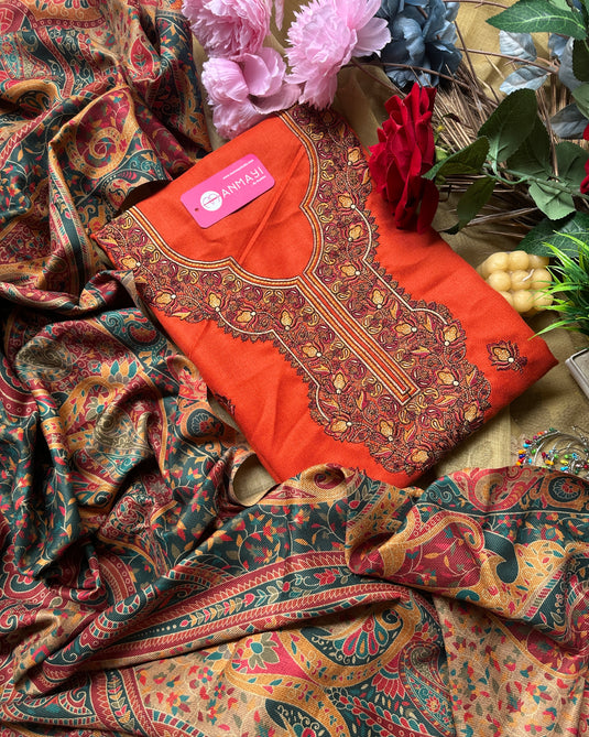 Kashmiri work woollen suits with printed shawls