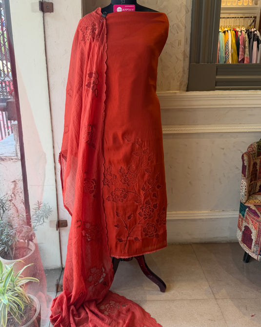 Modal work Mul Chanderi net applique cutwork suit set