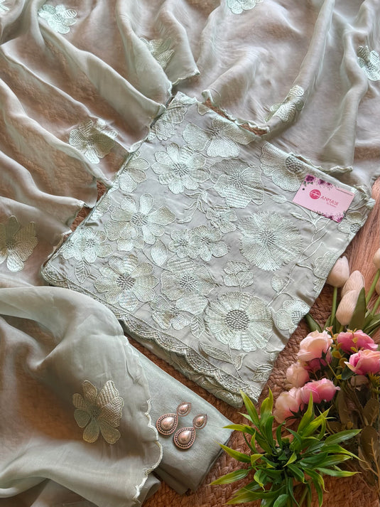 Organza all over floral self work suit set