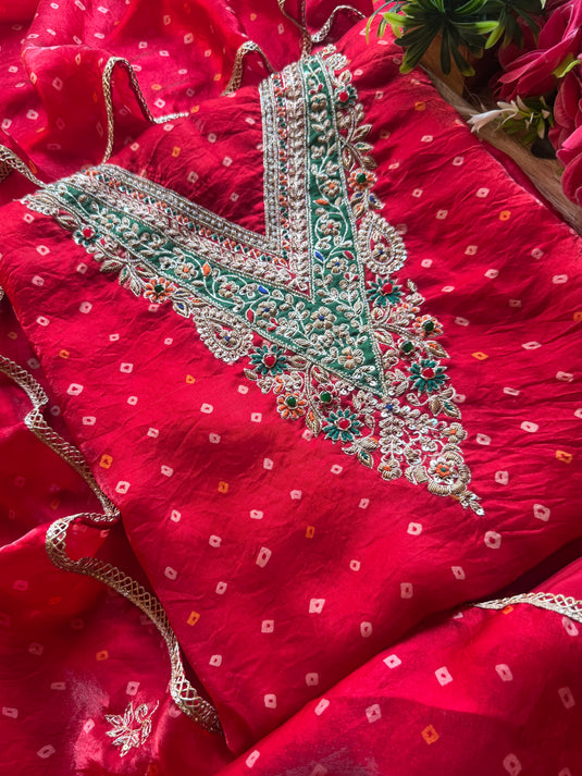 Satin organza bandhani navratna neck suit set