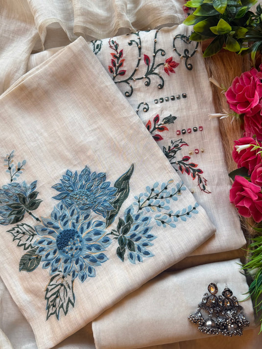 Creamy french knots soft Maheshwari suit set