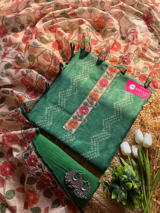 Soft Chanderi Bandhani print suit set with kantha highlight dupatta